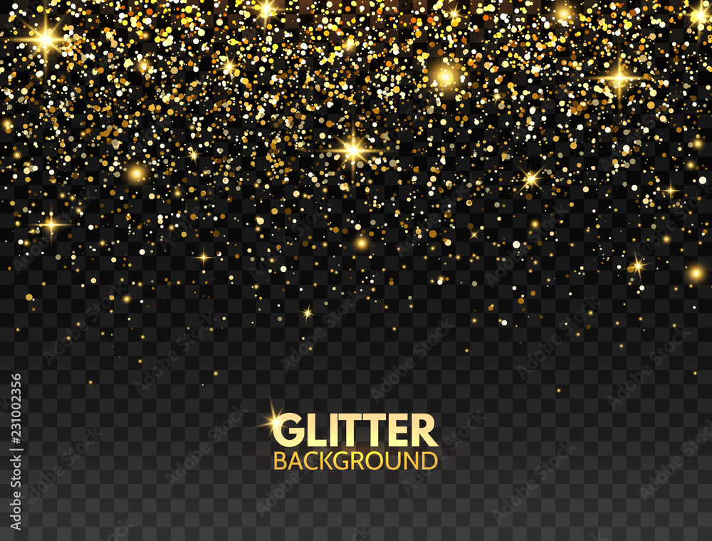 Glitter background. Gold glitter particles effect for luxury greeting card. Sparkling texture. Christmas bright design for web banner, poster, flyer, invitation. Star dust. Vector illustration
