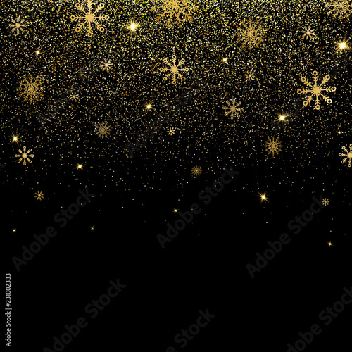 Christmas background with glitter and shining gold snowflakes. Golden glitter texture with glowing lights. Happy New Year design. Golden sparks, glitter and stars falling. Vector illustration