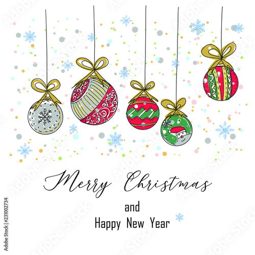 christmas card with balls and snowflakes