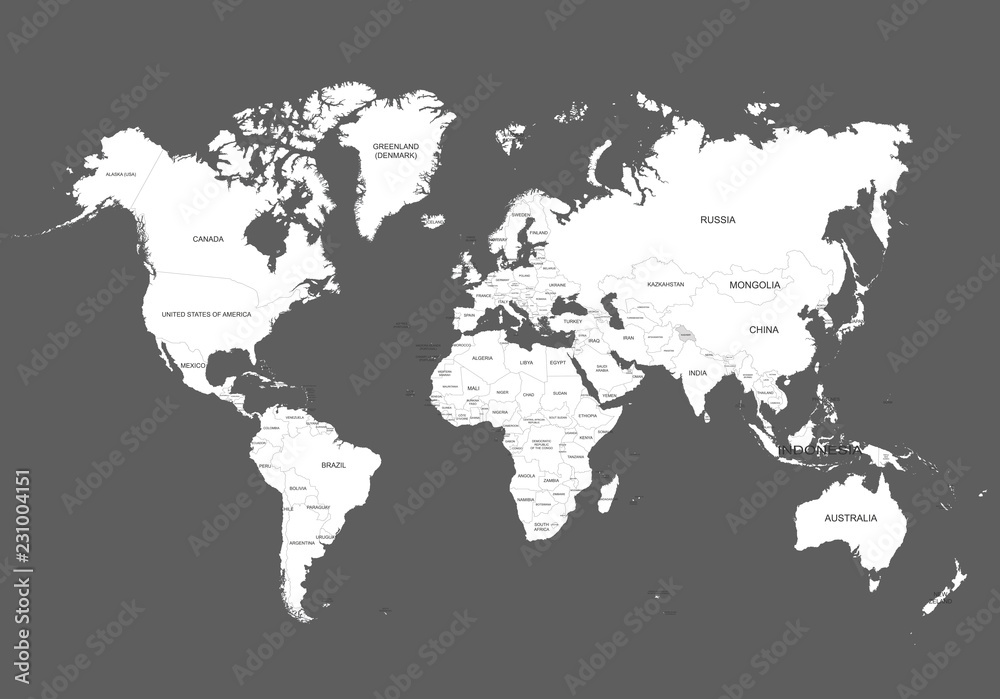 World Map Outline Contour Silhouette. Сountry names in English.  Vector illustration isolated on gray background. Asia in center.
