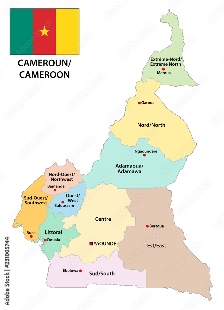 Republic of Cameroon administrative and political map with flag