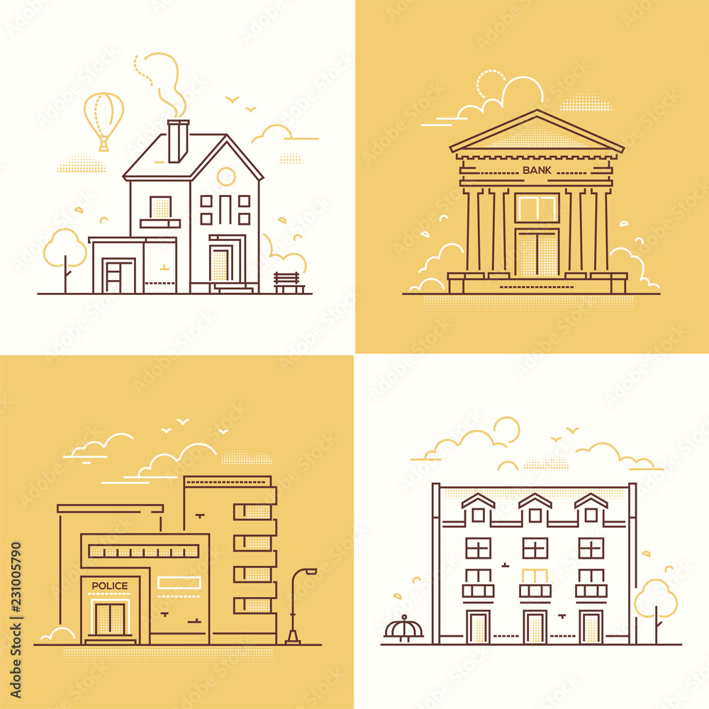 Urban architecture - set of thin line design style vector illustrations