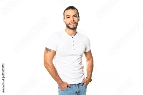 portrait of handsome mexican young man, isolated on white background.