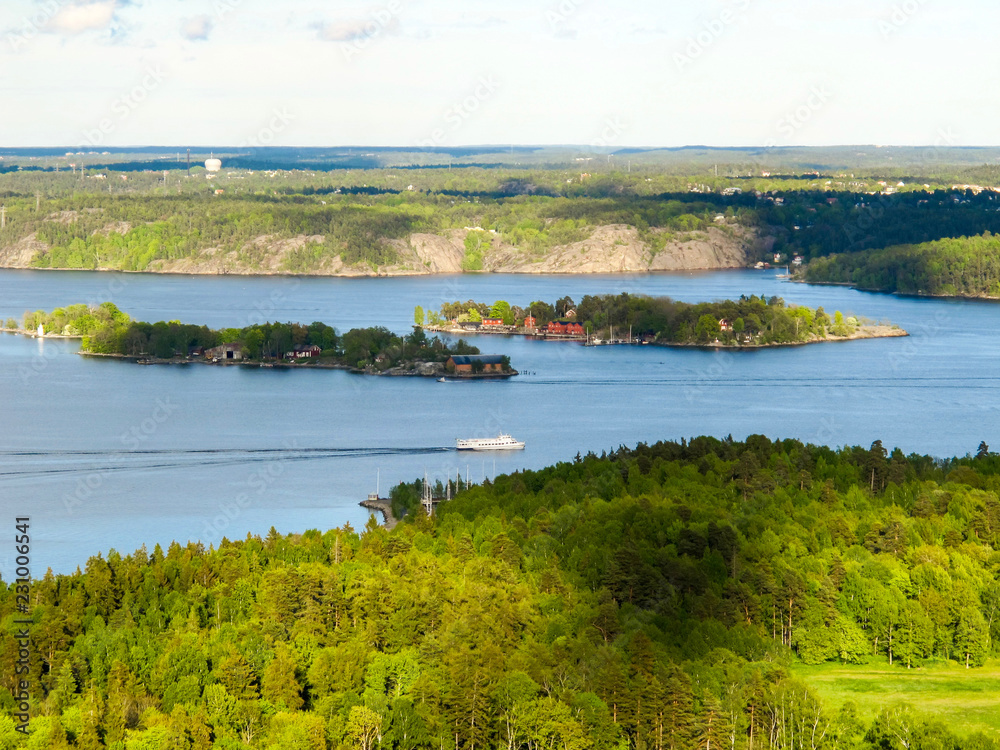 Sweden, Stockholm - May 16, 2011. Aerial view of small islands from TV tower Kaknastornet.