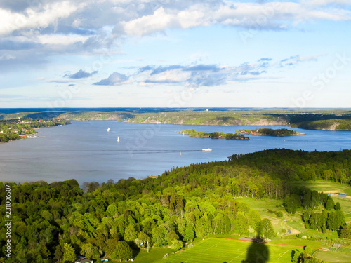 Sweden, Stockholm - May 16, 2011. Aerial view of small islands from TV tower Kaknastornet. photo