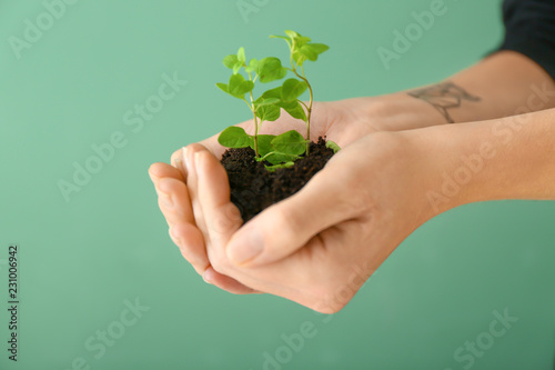 Woman holding soil with green plant in hands on color background, closeup. Ecology concept