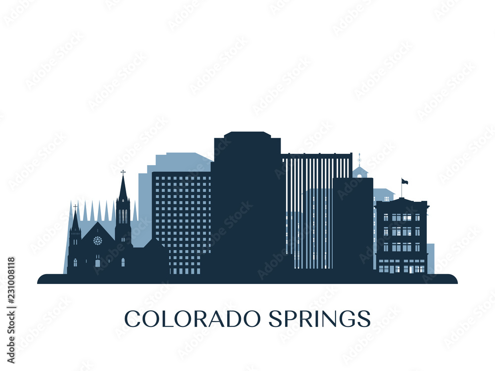 Colorado Springs skyline, monochrome silhouette. Vector illustration.