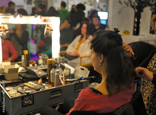 Canvas Print salon de coiffure, cheveux, coiffure, femme, démonstration, élégance, miroir, co