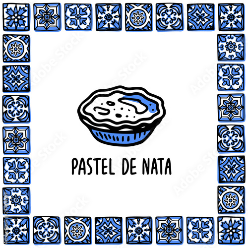 Portugal landmarks set. Pastel de nata, traditional portuguese dessert Egg Tart. Pastry in frame of Portuguese tiles. Sketch style vector illustration, for souvenirs, magnets, post cards