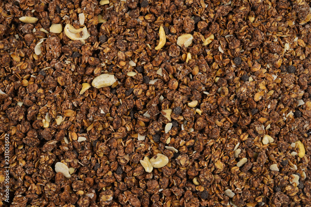 Chocolate granola background.