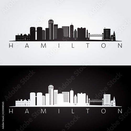 Hamilton skyline and landmarks silhouette, black and white design, vector illustration.