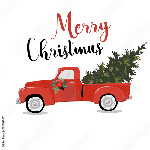 Merry christmas greeting card illustration of vintage red car with xmas pine tree gift on roof. EPS10 vector.