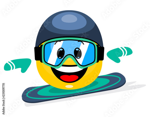 Concept of winter sport. Cute emoticon snowboarding in cartoon style on white background.