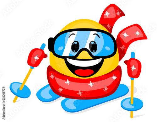Concept of winter sport. Cute emoticon skiing in cartoon style on white background.