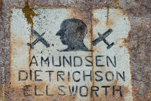 Memorial stone for Amundsen-Ellsworth North Pole Airplane Expedition, Ny-Alesund, Spitsbergen Island, Spitsbergen Archipelago, Svalbard and Jan Mayen, Norway, Europe photo