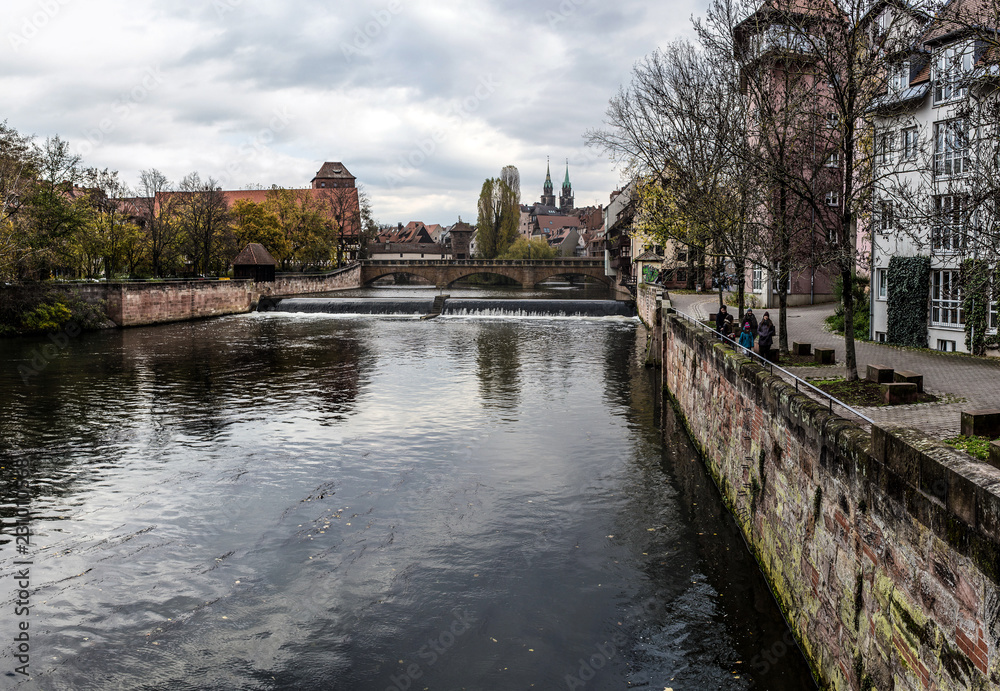 View of river Pegnitz, Nuremberg, in autumn day
