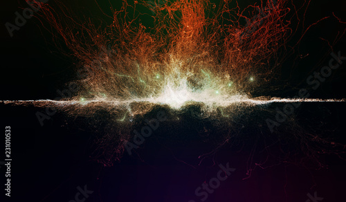 Illustration of fire-colored particles exploding on a horizontal line