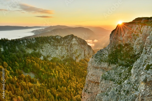 Creux du Van, rock face at sunrise, Le Soliat, canton of Jura, Switzerland, Europe