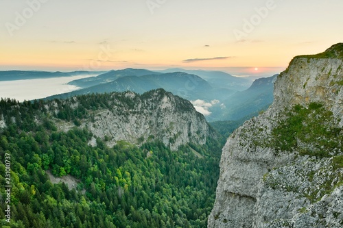 Creux du Van, rock face at sunrise, Le Soliat, canton of Jura, Switzerland, Europe