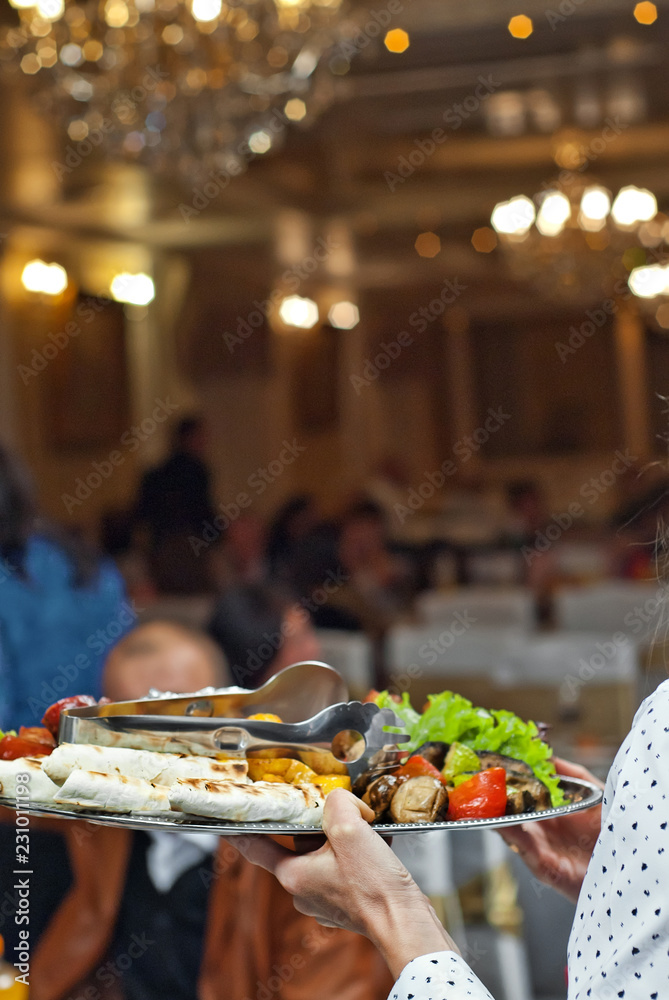 delicious dishes on the table in the restaurant. serving table.