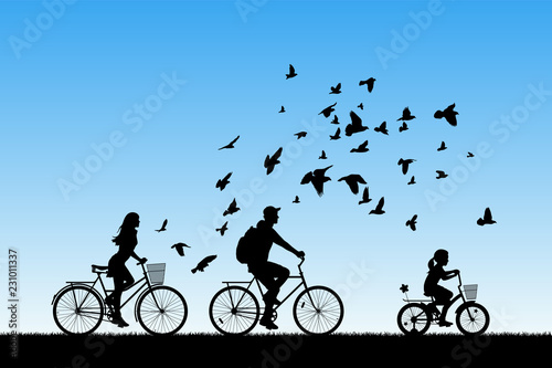 Family on bikes in park. Active rest of parents with child. Vector illustration with silhouettes of cyclists and flying pigeons. Blue pastel background