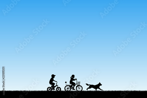 Children on bicycles and running dog in park. Vector illustration with silhouettes of boy and girl on bikes. Blue pastel background
