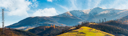 panorama of mountain ridge with snowy peak above the hill with grassy rural fields. wonderful weather condition of november