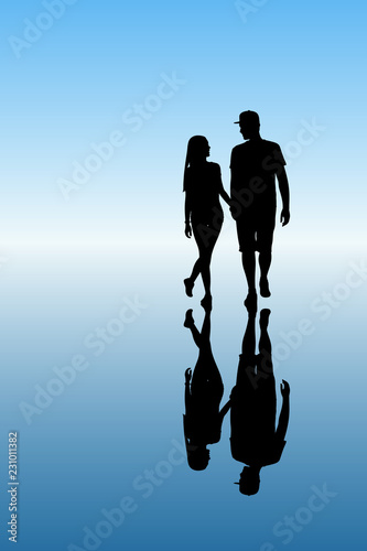 Two lovers walk after rain. Vector illustration with silhouette of loving couple. Blue pastel background