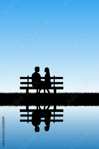 Lovers sitting on bench in park. Vector illustration with silhouette of loving couple. Blue pastel background