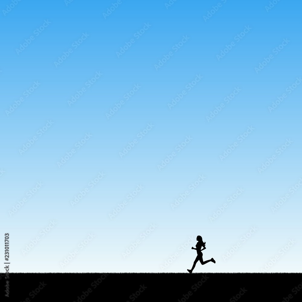 Girl running in park. Vector illustration with silhouette of female runner. Blue pastel background Girl running in park. Vector illustration with silhouette of female runner. Blue pastel background