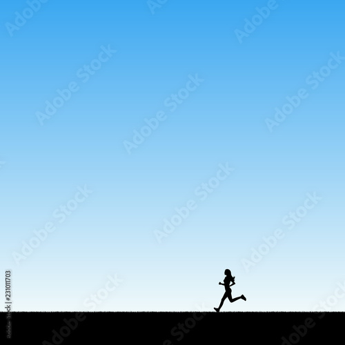 Girl running in park. Vector illustration with silhouette of female runner. Blue pastel background