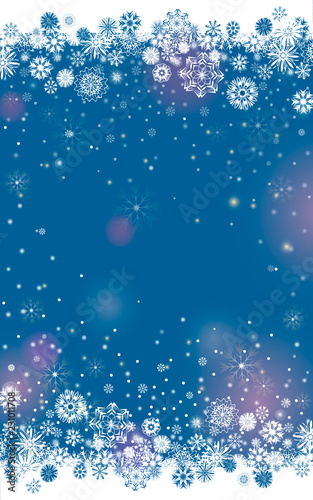 Falling snow border on a dark blue background. Abstract winter lights blurry background for your Merry Christmas and Happy New Year design. Vector vertical holiday illustration