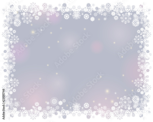 Snow white frame on a blurry light gray background. Abstract winter background for your Merry Christmas and Happy New Year frame design. Vector illustration