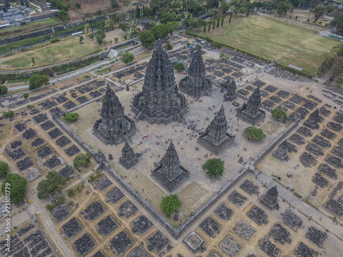 Drone above Prambanan Temple and the ruins in Yogyakarta, East Java, Indonesia
