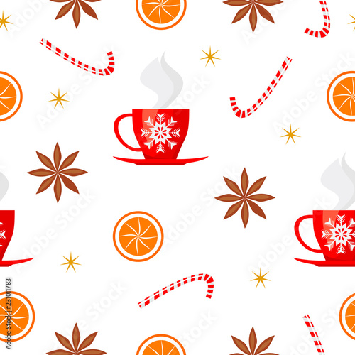 Merry Christmas and Happy New Year seamless pattern with badian, candy, orange, sparkles and cup of tea isolated on white background. Vector illustration for winter holiday design in flat style