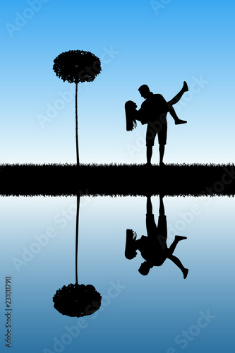 Guy carry girl in park. Vector illustration with silhouette of happy lovers and tree reflected in water. Blue pastel background