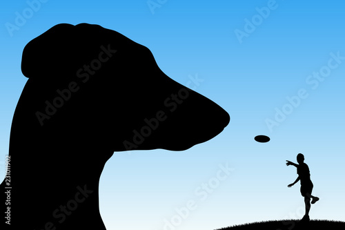 Playing frisbee with dog in park. Vector illustration with silhouettes of dachshund and man with plate. Blue pastel background