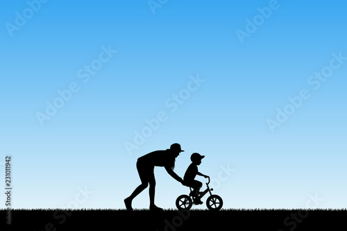 Girl teaching boy to ride bike in park. Vector illustration with silhouette of mother with child on bicycle. Blue pastel background