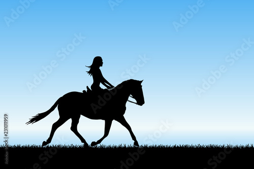 Girl on horse by sea. Vector illustration with silhouette of running horse and female rider. Blue pastel background © arvitalya