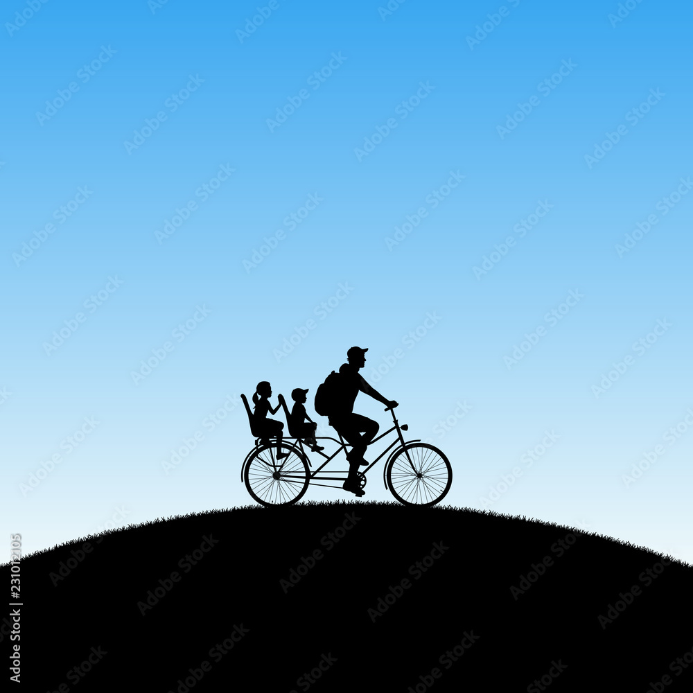 Fototapeta premium Father with children on bicycle in park. Vector illustration with silhouette of family riding bike on hill. Blue pastel background