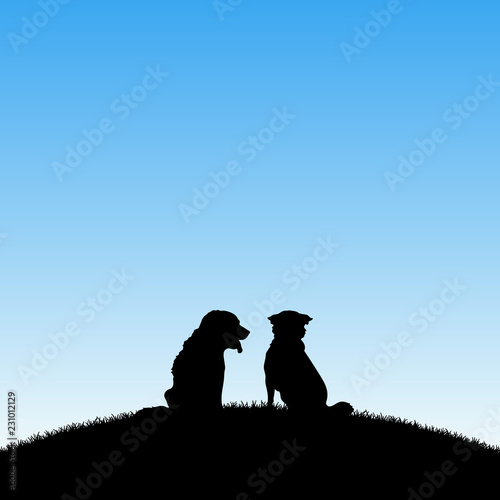 Dog friends in park. Vector illustration with silhouettes of two animals sitting on hill. Blue pastel background