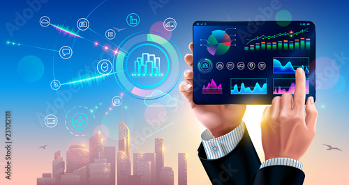 business finance diagram and strategy of sale on screen tablet in hands businessman. Interface mobile application with chart of forecast financial data. Smart business concept.