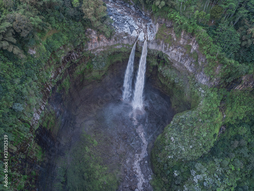 Aerial picture of the twin Coban Sriti waterfall in East Java  Indonesia