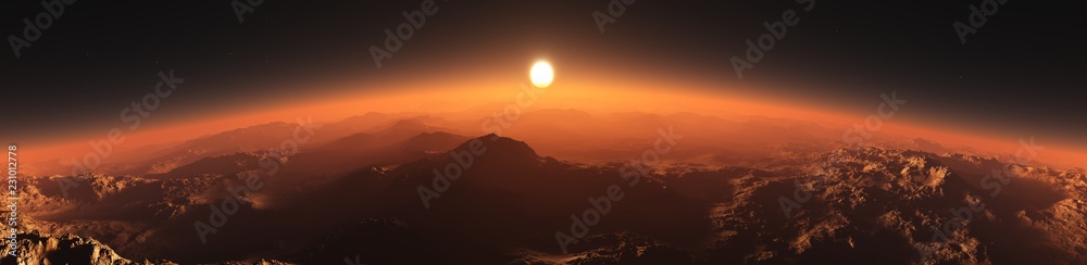 Sunrise over the planet, panorama of Mars at sunset
Sunrise over the planet, panorama of Mars at sunset