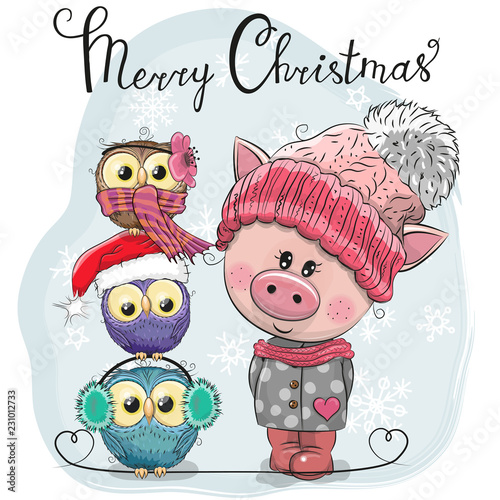 Greeting Christmas card Cute Pig and three Owls