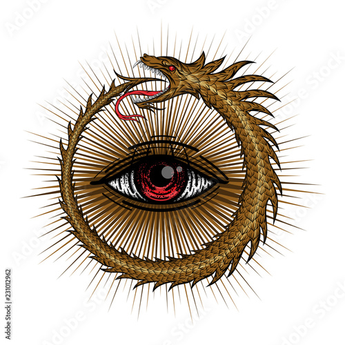 Ancient Egyptian symbol Ouroboros. Vector snake biting its tail in the form of a ring. In the center of the all-seeing eye