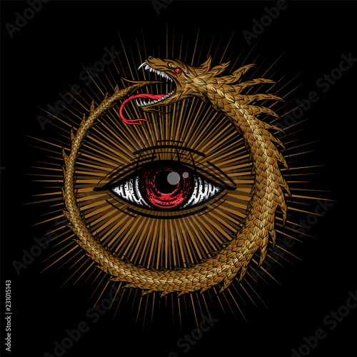 Vector Egyptian symbol uroboros. Snake in the form of a ring biting itself by the tail on a black background
