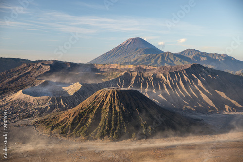 A dust storm in the Mount Bromo caldera in East Java, Indonesia