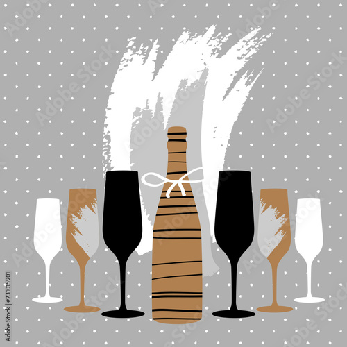 Holiday greeting postcard with champagne glasses and bottle in modern simple style