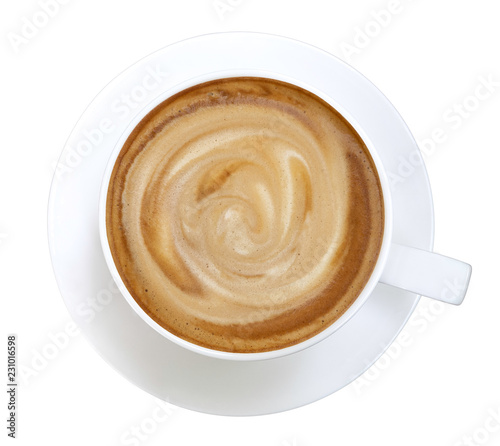 Hot coffee latte cappuccino spiral foam in ceramic cup top view isolated on white background, clipping path included